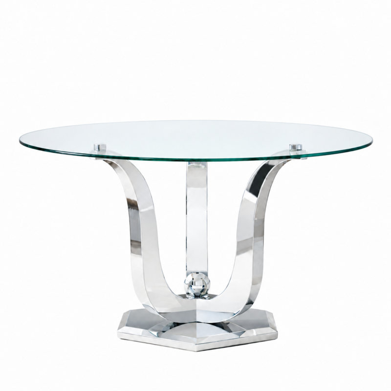 47.2" Round Glass Dining Table, Modern Clear Kitchen table, 0.31" Thick Tempered Glass Tabletop with Gloss Stainless Steel, for Dining & kitchen and Small Space
