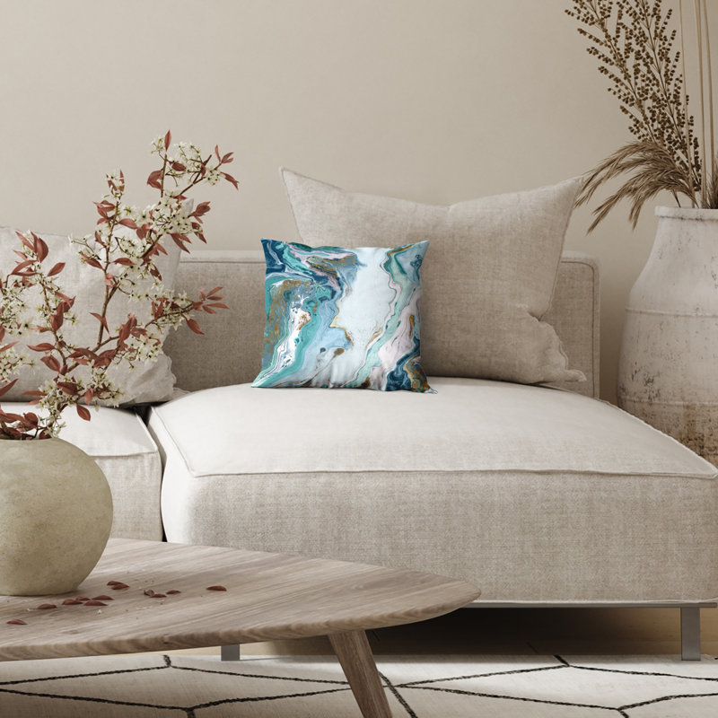 Abstract Marble Design Throw Pillow with Premium Polyester - White and Blue, 14" x 14"