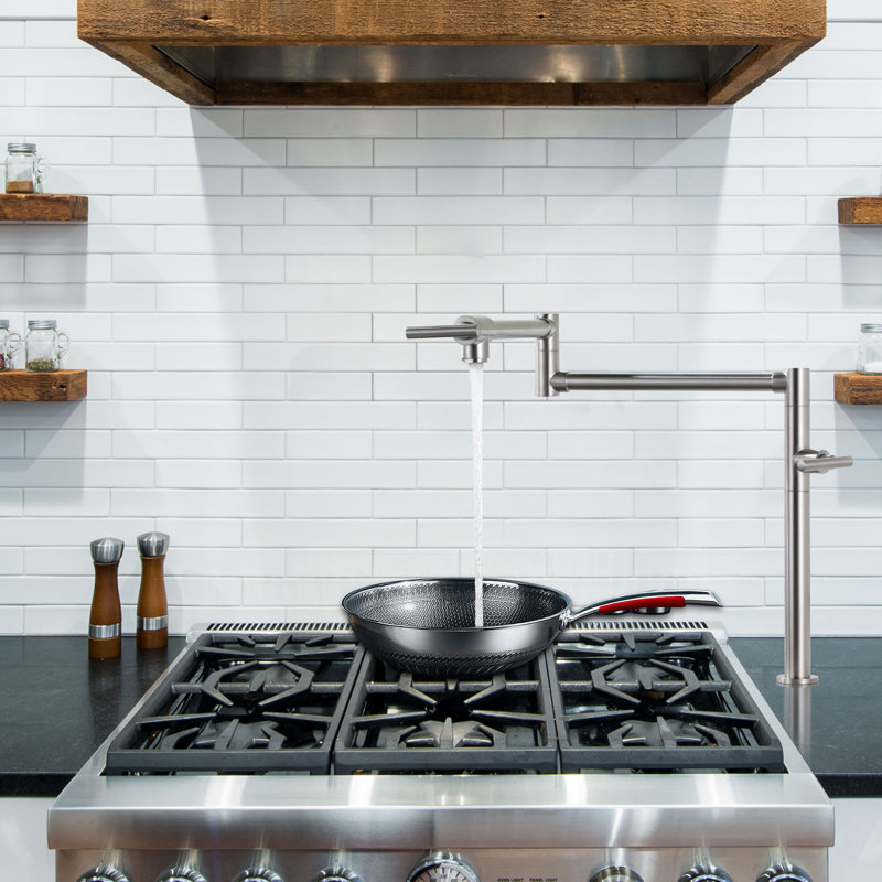 Deck Mounted Brass Pot Filler Kitchen Faucet with Double Handle and Joint Swing Arm, Brushed Nickel