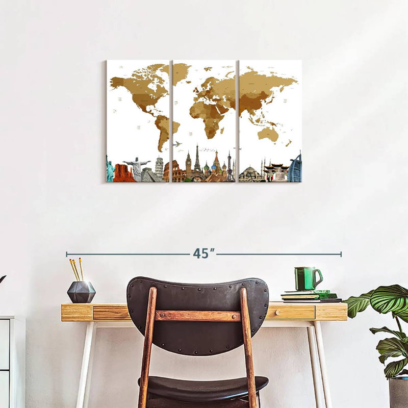 Carte du monde en bronze 3 pièces, H 20 po x l 33 po x P 1,25 po