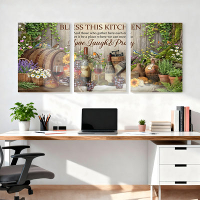 «Bless this Kitchen Wine and Garden», ensemble de 3 reproductions d'art sur toile tendues sur toile