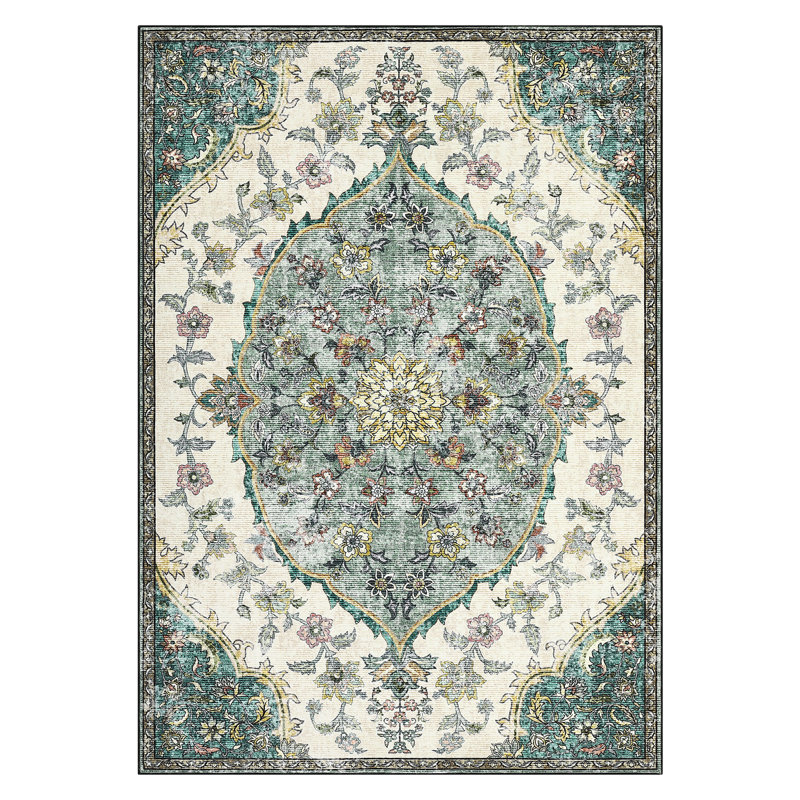 Vintage Machine Washable Bedroom Rug, Non-Slip Non-Shedding Low-Pile Dining Room Rug, Soft Rug for Living Room