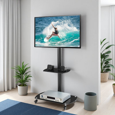 Height And Angle Adjustable Multi-Function Tempered Glass Metal Frame Floor With Lockable Wheels Mobile TV Stand, LCD/Plasma TV Bracket 2 Tier Tempered Glass Shelves For Multiple Media Devices