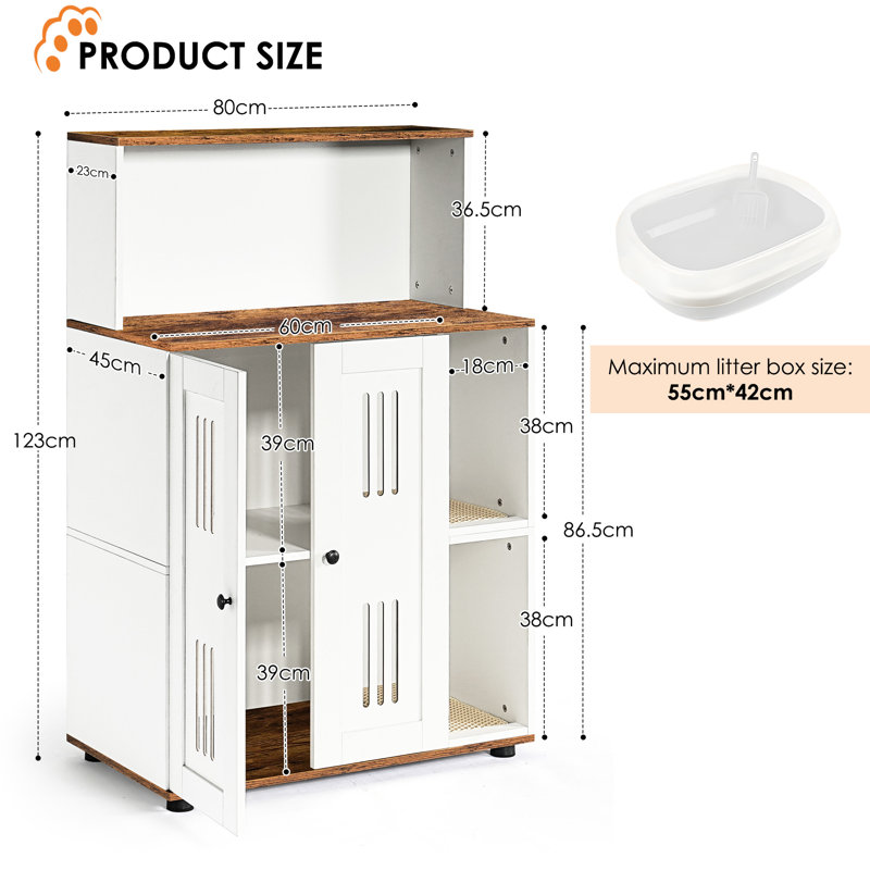 Toilette cachée pour chat, armoire à litière double pour 2 chats, design élégant, portes avec circulation d'air, - dispositif de basculement, armoire blanche et noyer, portes à usages multiples, trous, matériau de panneau de particules