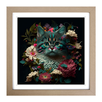 Cat Floral Art - Framed Print