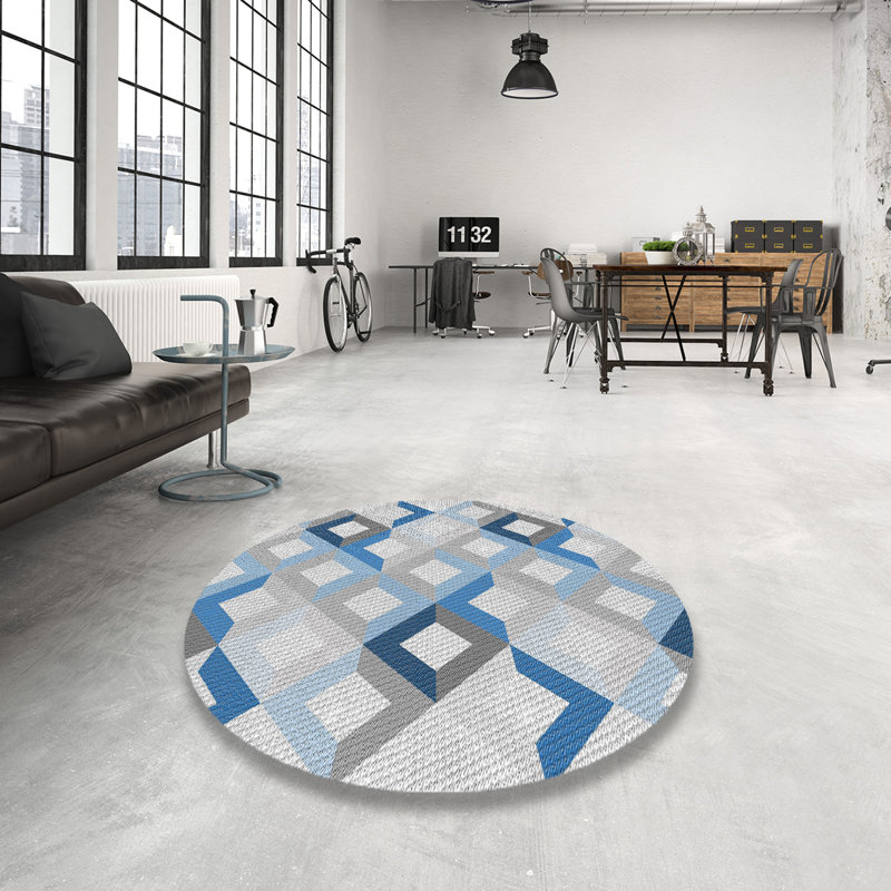 Tapis bleu/gris à motifs, Rond 6 pi