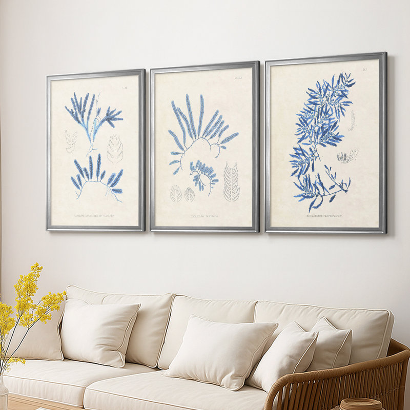 Blue Blue Algae I - Toile tendue avec châssis sur mesure - 3 pièces, Argent argent, H 19 po x l 27 po