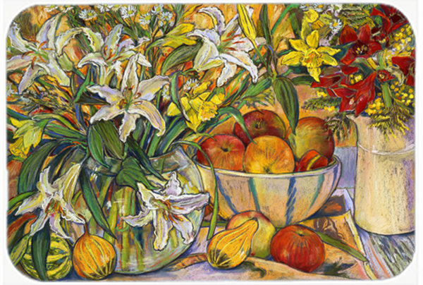 Large Multicolor Tempered Glass Cutting Board with Fruit and Floral Design