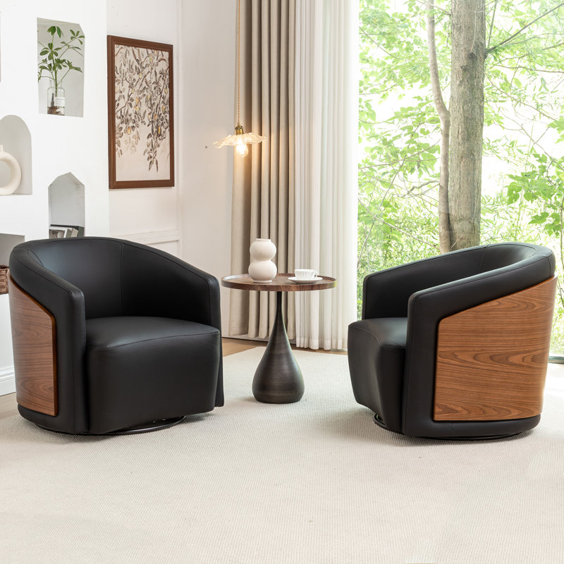 Delwood Vegan Leather Modern & Comfort Swivel Barrel Chair (Set Of 2), Black