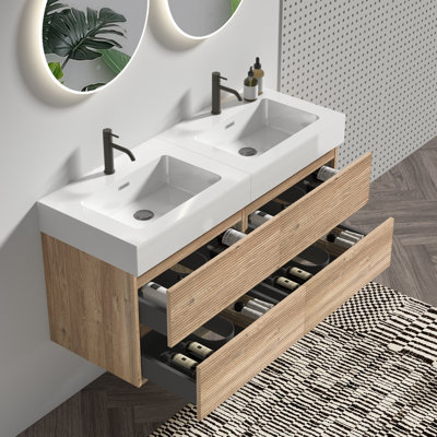 Meuble-lavabo de 60 po, tiroirs doubles, grille noire unique, look Mid-Century moderne, panneaux de qualité E1, fonctionnement silencieux des tiroirs, meuble-lavabo mural une pièce avec longueur, blanc