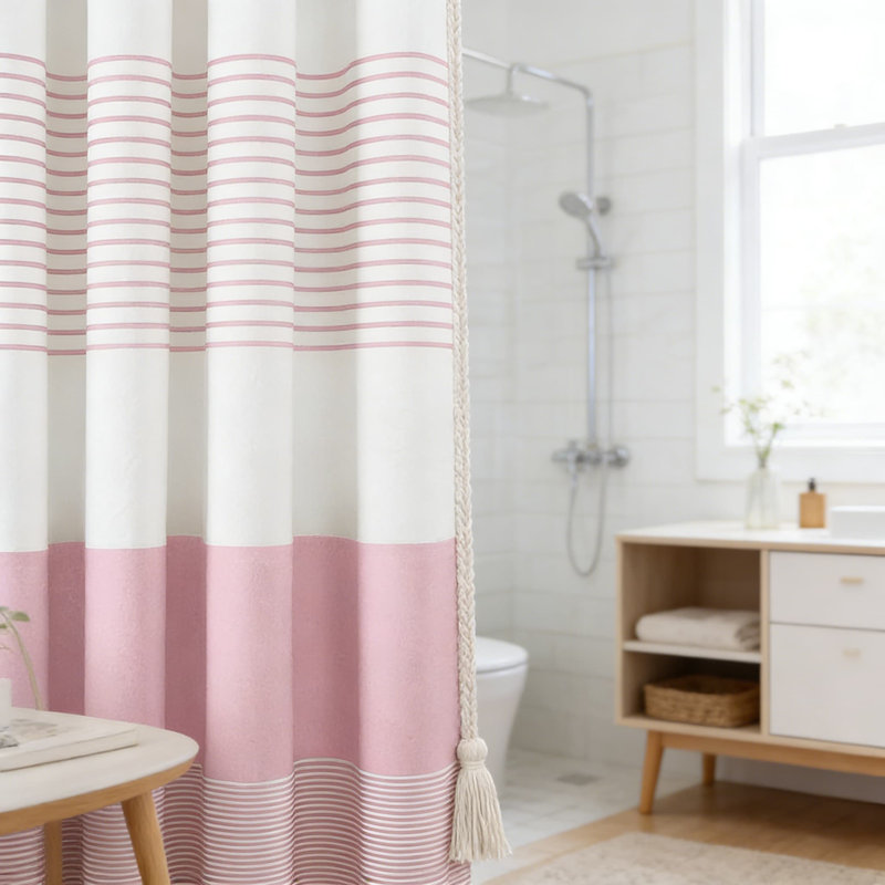 Rideau de douche rayé à pampilles, mélange de coton de qualité supérieure, œillets résistants à la rouille, décoration de salle de bain Boho Farmhouse