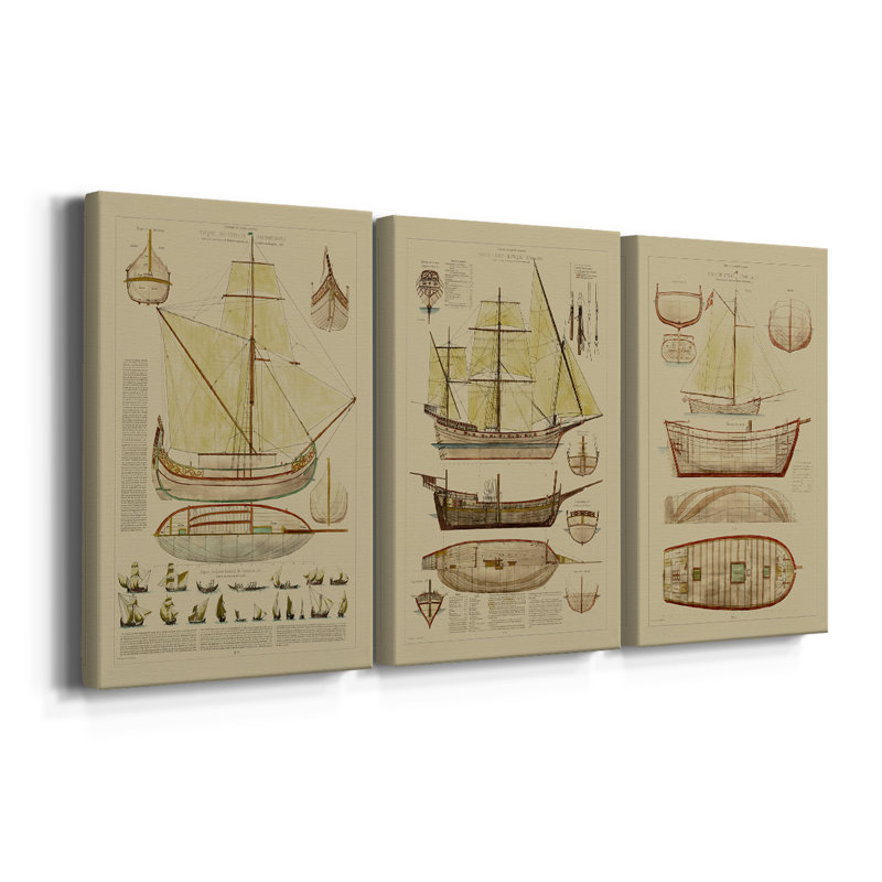 Antique Ship Plan I - Toile tendue avec châssis sur mesure - 3 pièces, H 12 po x l 24 po