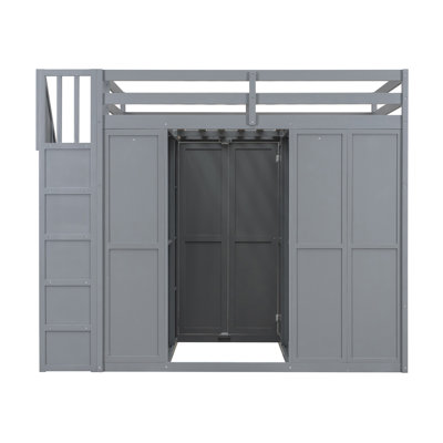 Lit mezzanine double avec garde-robe, bureau et tablettes, gris