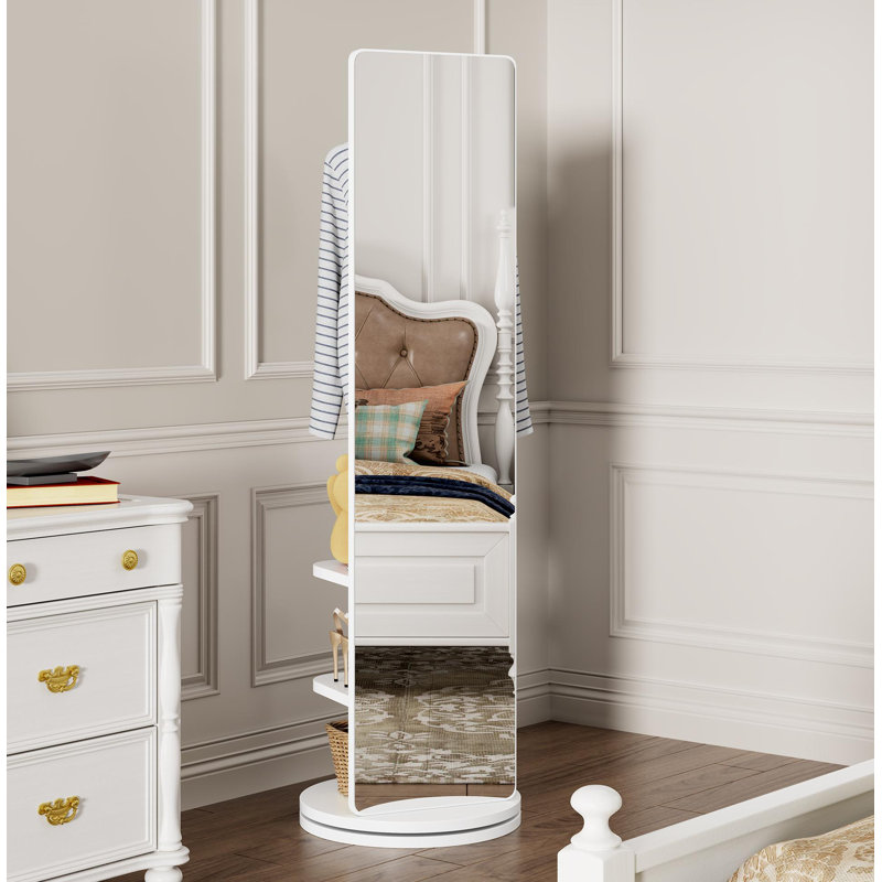 360° Rotating 69"X16" Multifunctional Full Length Mirror With Hook Storage Rack Coat Rack With Mirror Solid Wood Floor Mirror Bedroom Living Room Cloakroom Space Saving