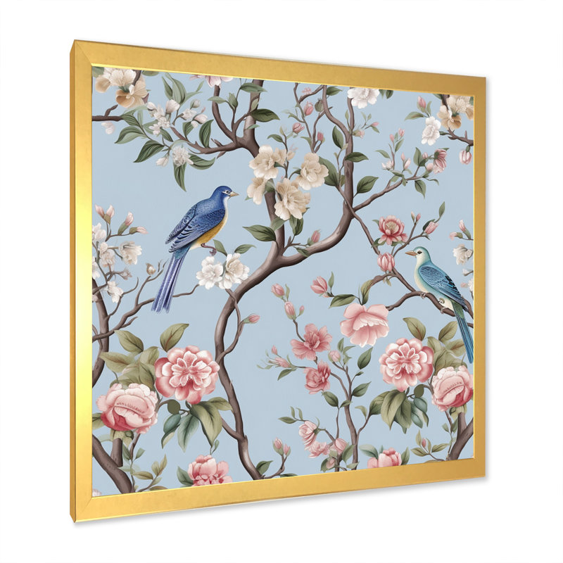 Minimalisme, oiseau sur fleurs IV, impression sur toile, Cadre doré à une seule photo, H 16 po x l 16 po x P 1 po