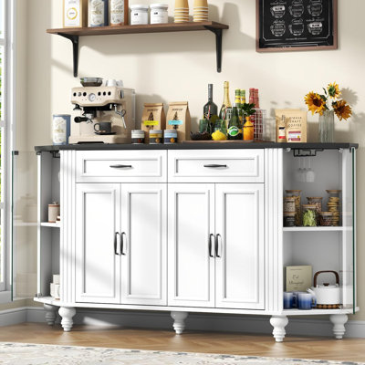 59" Buffet Cabinet With Storage, Solid Wood Legs, Sideboard With Glass Doors, 2 Drawers & 2 Double Doors, Farmhouse Coffee Bar Cabinet With Adjustable by Charlton Home
