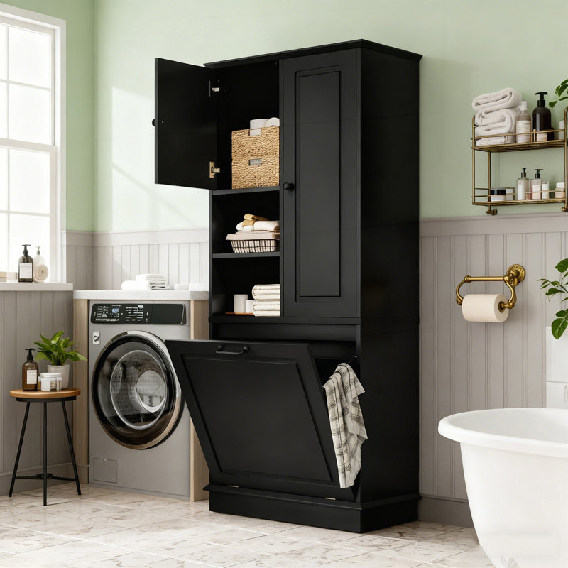 Tall Storage Cabinet With Adjustable Shelves, Flip-Out Basket And Enclosed Cabinets For Multi-Room Organization, Black