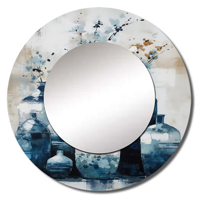 Skyelar Blue And Cream Bohemian Vibes Pottery I - Boho Pottery Mirror, Traditional Round Unique Wall Mirror, Printed Metal Art