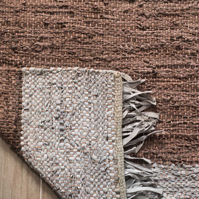 Exley Hand Woven Leather/Cotton Striped Rug in Brown, Rectangle 3' x 5'