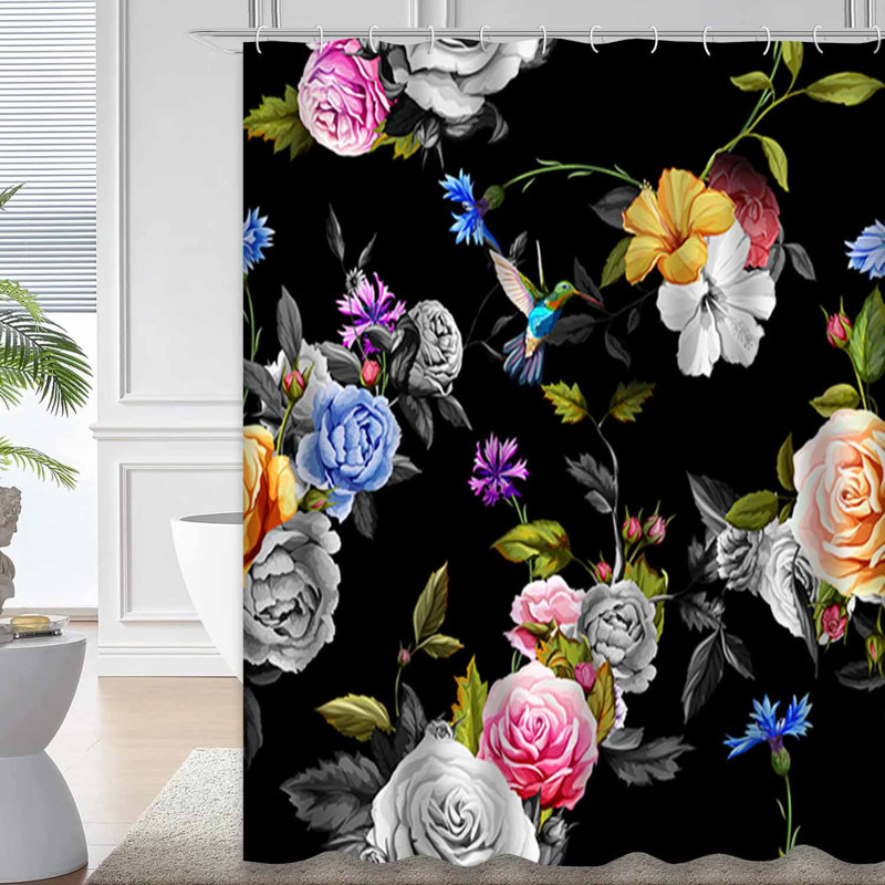 Rideau de douche avec 12 crochets Humming Bird Roses, L 72 po x l 78 po