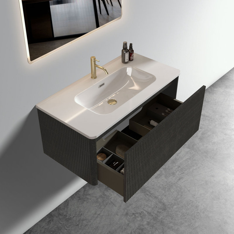 Meuble-lavabo mural avec lavabo et tiroir en céramique, Noir, noir, noir, noir