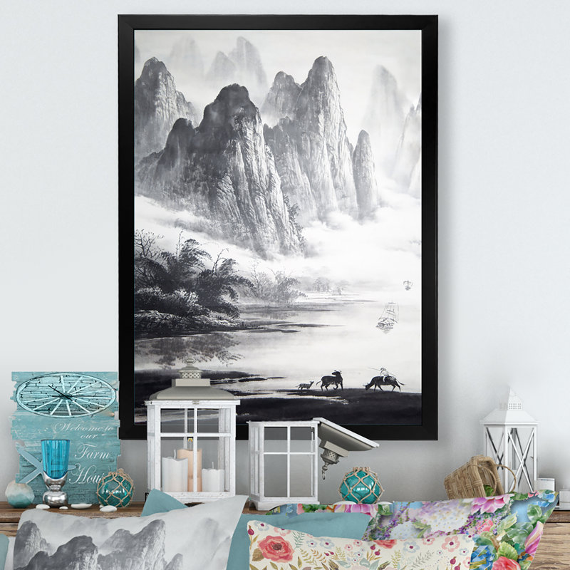 Peinture traditionnelle chinoise, paysage, H 20 po x l 12 po, Toile avec cadre noir