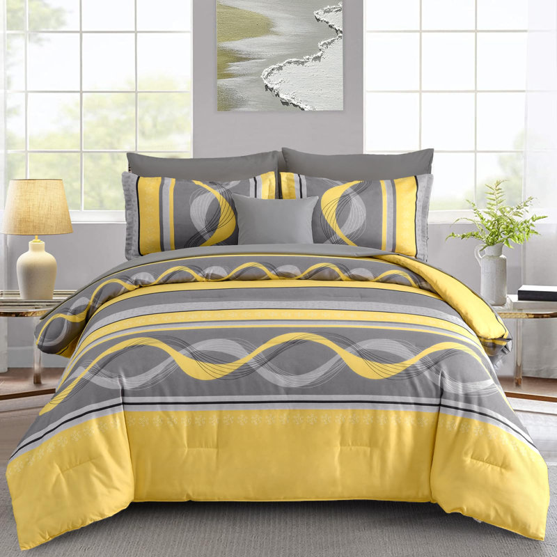 Ensemble d'édredon à rayures 8 pièces Boho, Jaune, Édredon grand + 7 articles supplémentaires