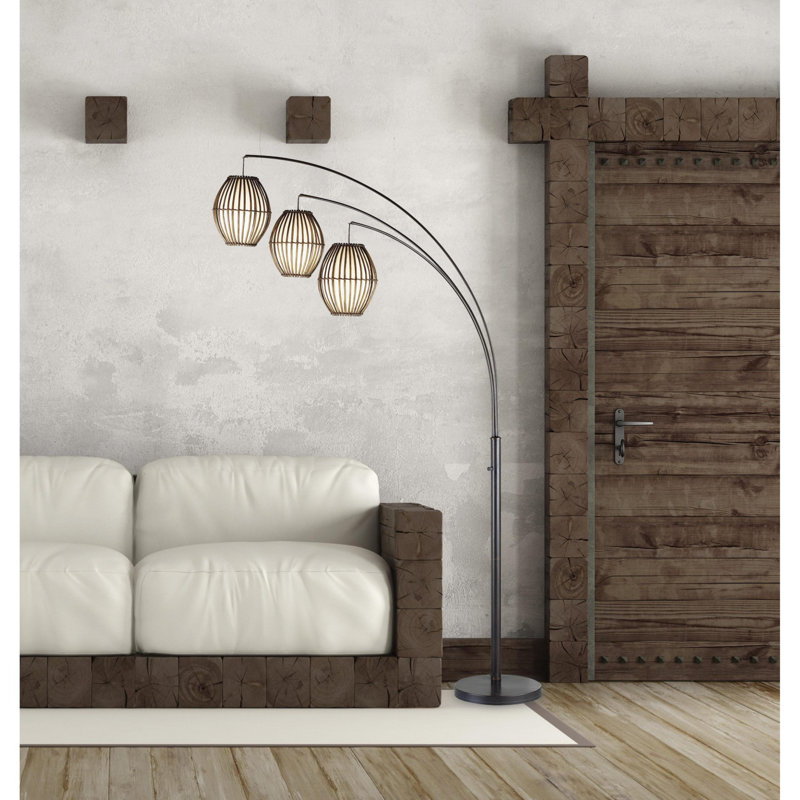 Lampe à arc à trois lumières en métal bronze avec lanternes en forme de tonneau brun