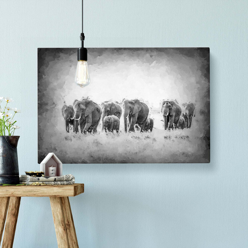 Herd Of Elephants Roaming In Abstract - Wrapped Canvas, 35cm H x 50cm W x 3cm D