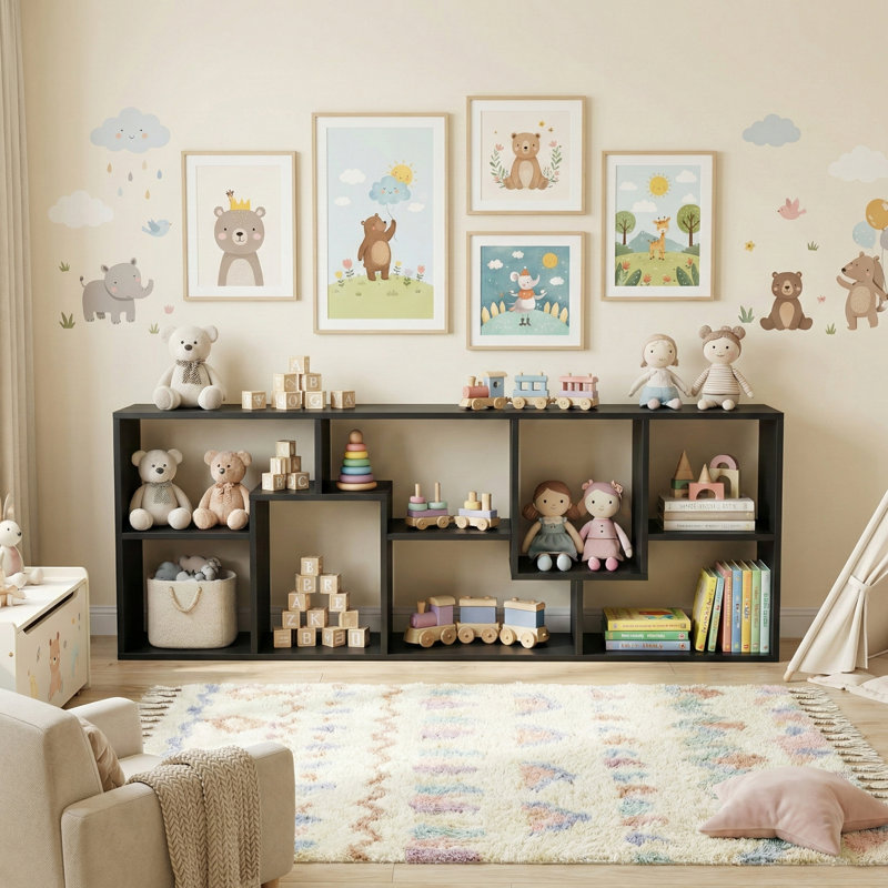 Modern Asymmetric Geometric Bookcase with Staggered Shelving, Horizontal or Vertical Placement, Black