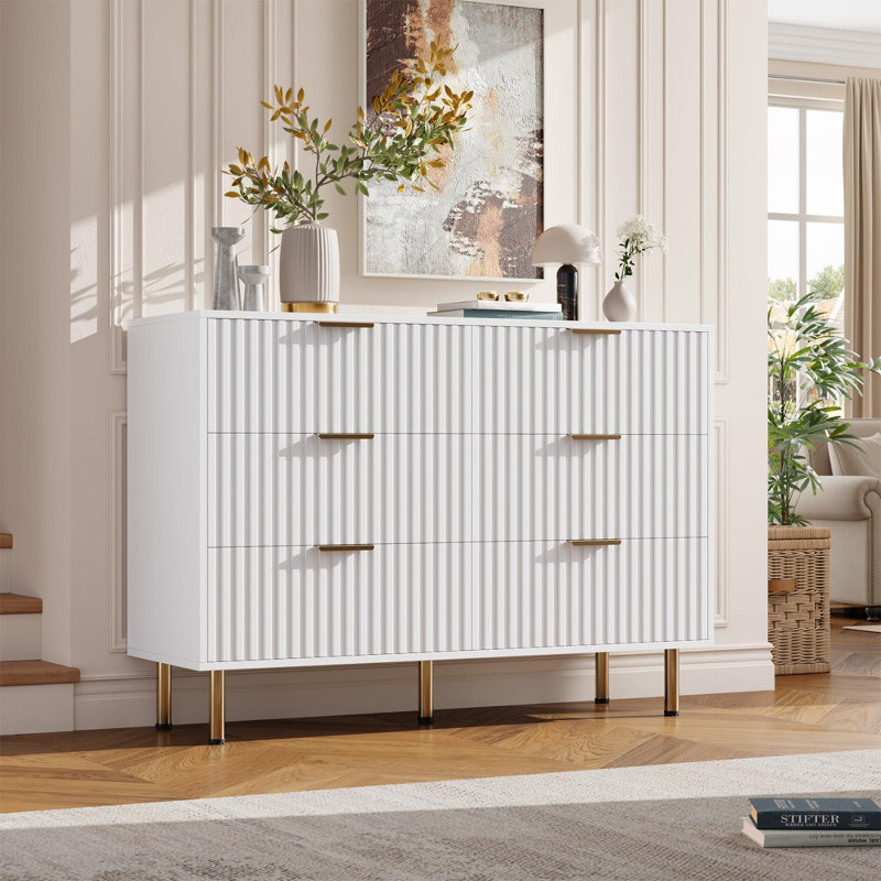 Commode de rangement cannelée à 6 tiroirs, Blanc