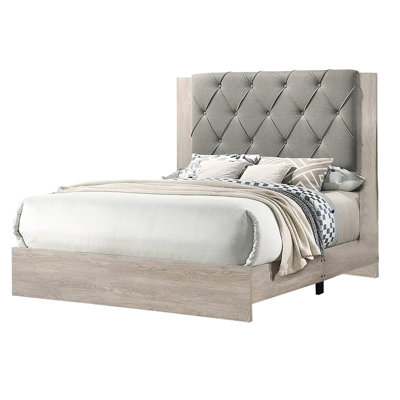 Bedroom Queen Bed, Headboard In Cream And Gray, Rubberwood Frame Contemporary Finish, Robust