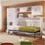 Lit escamotable simple avec tablettes ouvertes et tiroirs de rangement, armoire et table intégrées, blanc