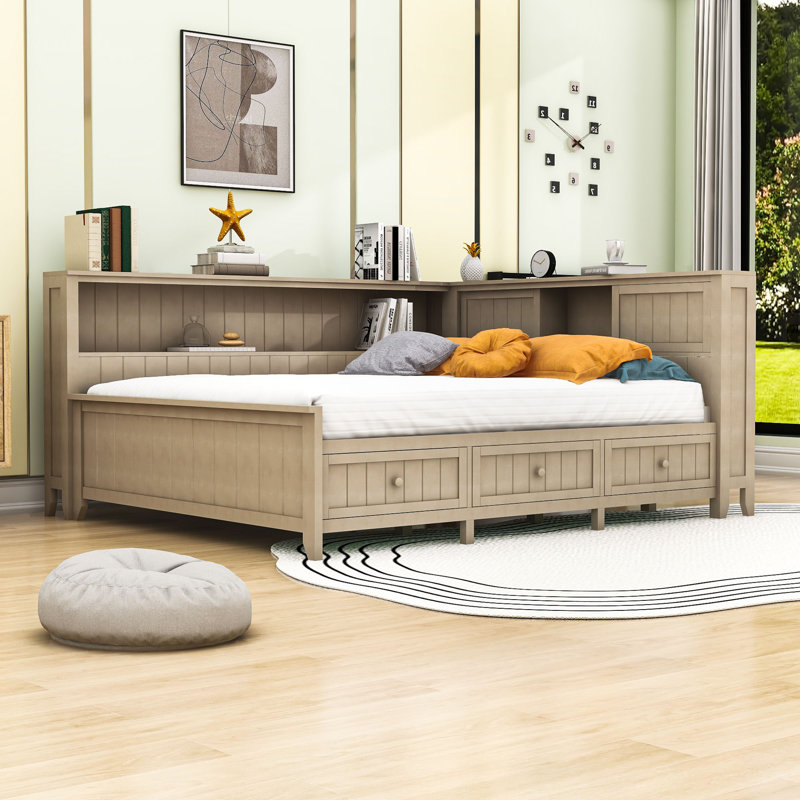 3 Drawers Wood Daybed with Shelves, Full