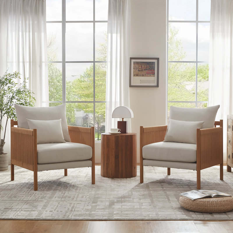 Boho Rattan Accent Chair with Lumbar Pillow, Beige