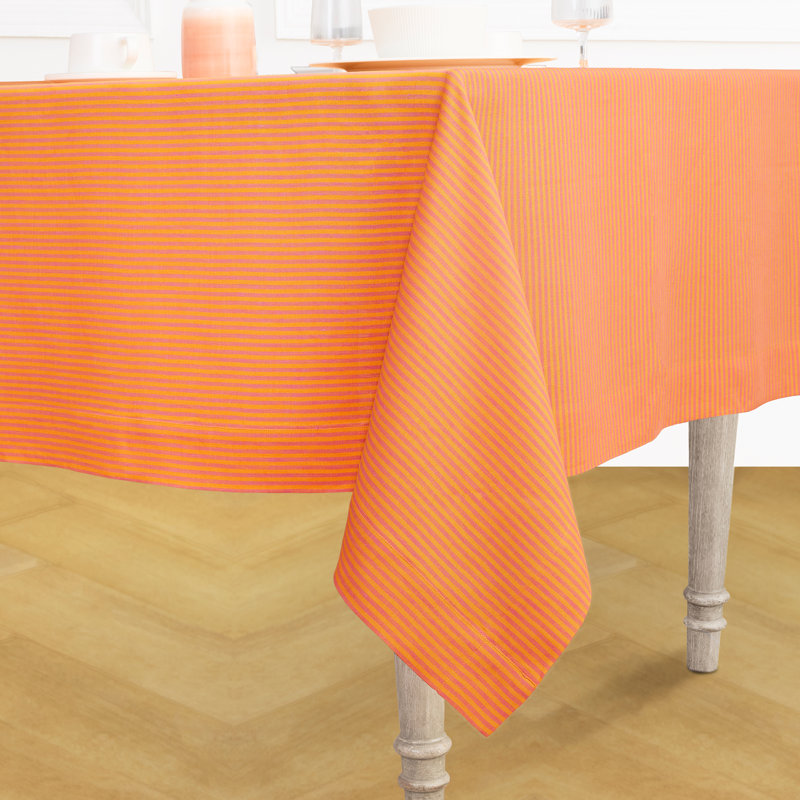Narrow Stripe - 100% Pure Linen Tablecloth, 120" L x 60" W, Pink/Orange, Narrow Stripe