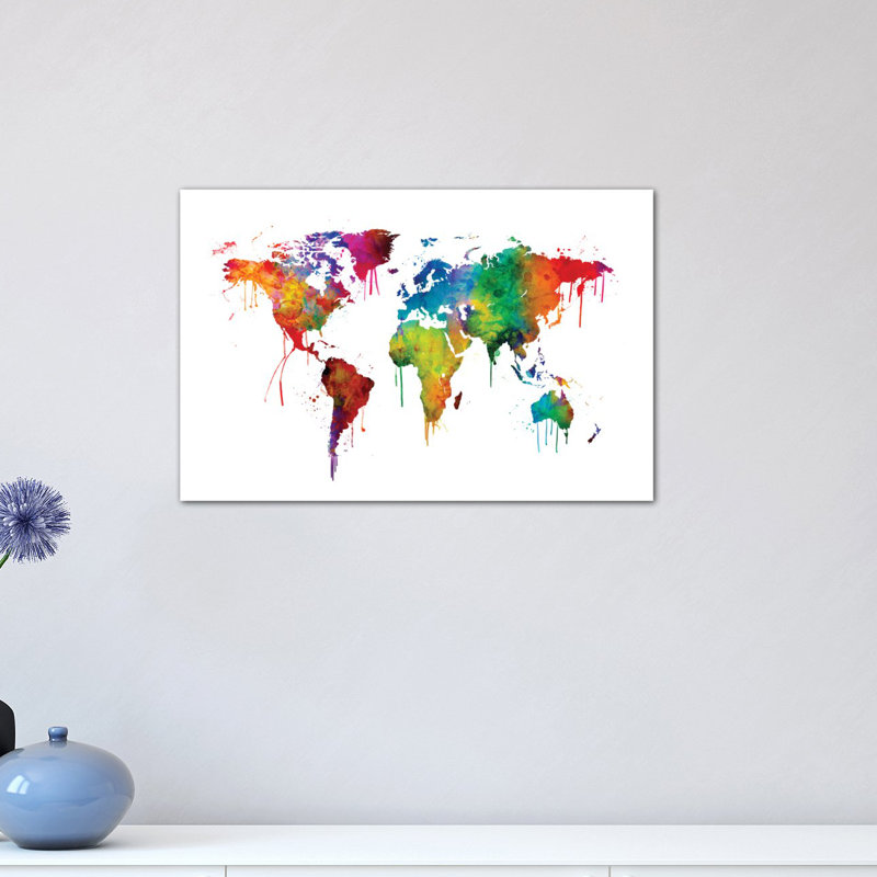 World Map Series: Dripping Effect I, impression sur toile tendue, H 40 po x l 60 po x P 1,5 po, Toile tendue, Pas de tapis