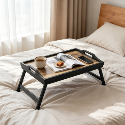 Bamboo Breakfast in Bed Tray with Folding Legs and Handles, Portable Lap Desk for Eating, Reading, and Laptop Use, Set of Two, Natural Wood Finish