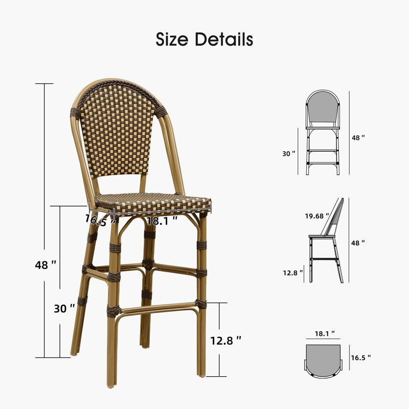 30" Patio Bamboo Print Finish Bar Stools With Rattan Back (set Of 2), Bar Stool (30" Seat Height), Dark Brown/Brown