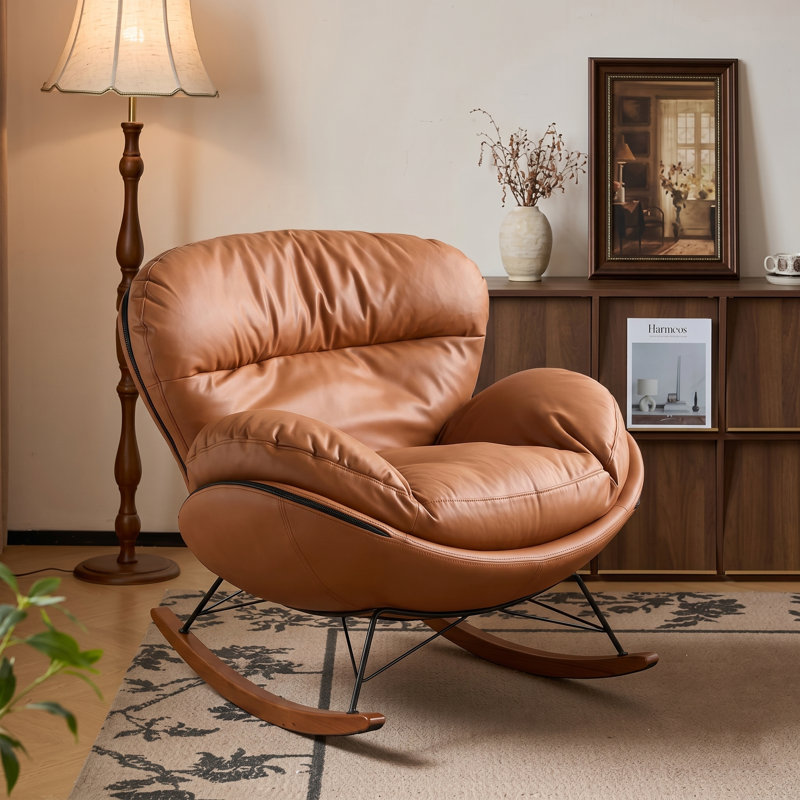 Chaise berçante moderne et ergonomique, chaise berçante rembourrée surdimensionnée avec structure en bois massif et revêtement en cuir pour le salon