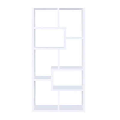 Bibliothèque blanche à multiples tablettes rectangulaires géométriques, compartiments ouverts pour ranger les trophées et structure verticale moderne, format compact, avec caractéristique, en pot stratifié