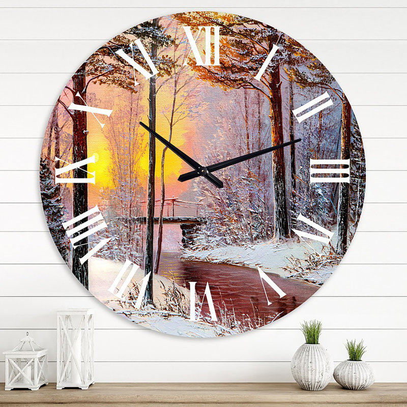 Forêt de Noël avec rivière et arbres IV - Horloge murale traditionnelle, Surdimensionné