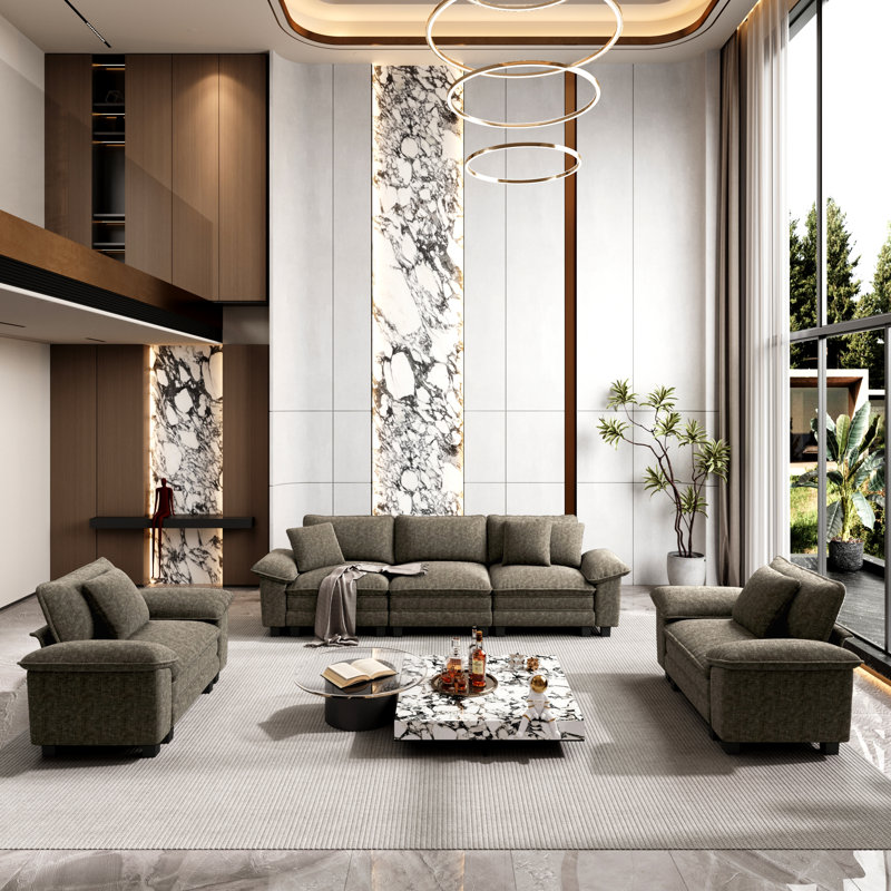 Ensemble de canapé modulaire rembourré 3 pièces, ensemble de canapé surdimensionné avec canapé et fauteuils, Chenille cendré