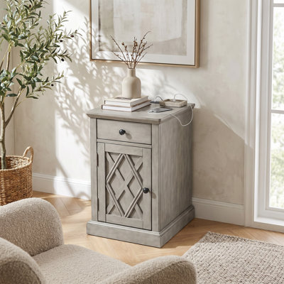 Functional Classic Charging End Table with Integrated USB Charging Ports, Spacious Hidden Storage Cabinet, Smooth-Gliding Drawer, and Open Display Shelf, Versatile Side Table Suitable for Living Room