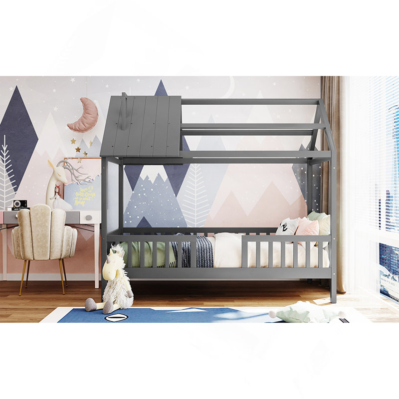 Lit simple en bois avec clôture, gris
