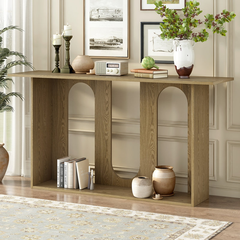 Console moderne et courbée en placage de frêne avec tablette, Natural
