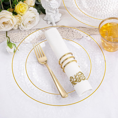 Gold Rim Clear Disposable Dinnerware Set for 25 – Plastic Plates, Cups, Silverware & Napkins, Elegant Hammered Design for Wedding, Party & Holiday