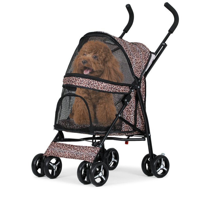 Leopard Print Steel Frame Dog Stroller with Mesh Windows