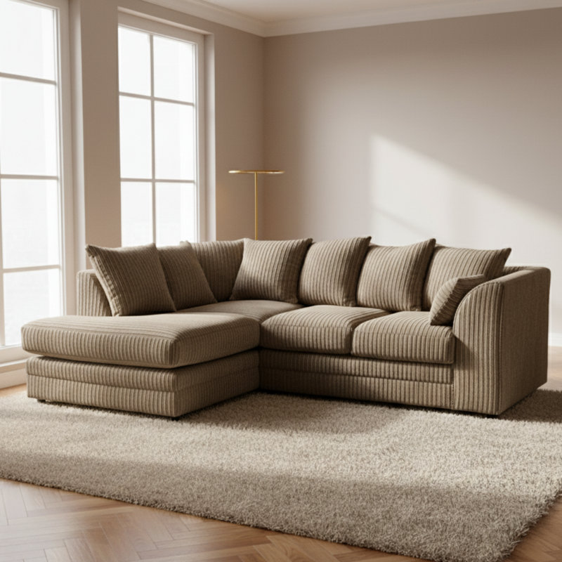 Soft Fabric Jumbo Cord 4 Seater L Shape with Foot Stool Upholstered Living Room Sets, Left Hand Facing, Beige