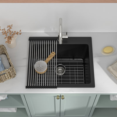 21"L x 20"W Topmount Black Quartz Laundry Sink 12" Deep Drop In Utility Sink with Roll Up Rack and Bottom Grid